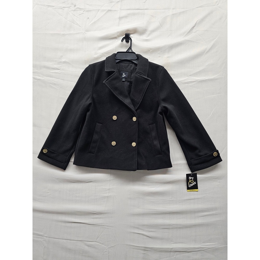 Art Class Girls Double Breasted Pea Coat Black Polyester Size Large 10/12